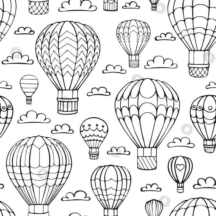 Скачать Бесшовный узор из воздушного шара и облака. Нарисованный от руки контурный рисунок. Векторная иллюстрация. фотосток Ozero