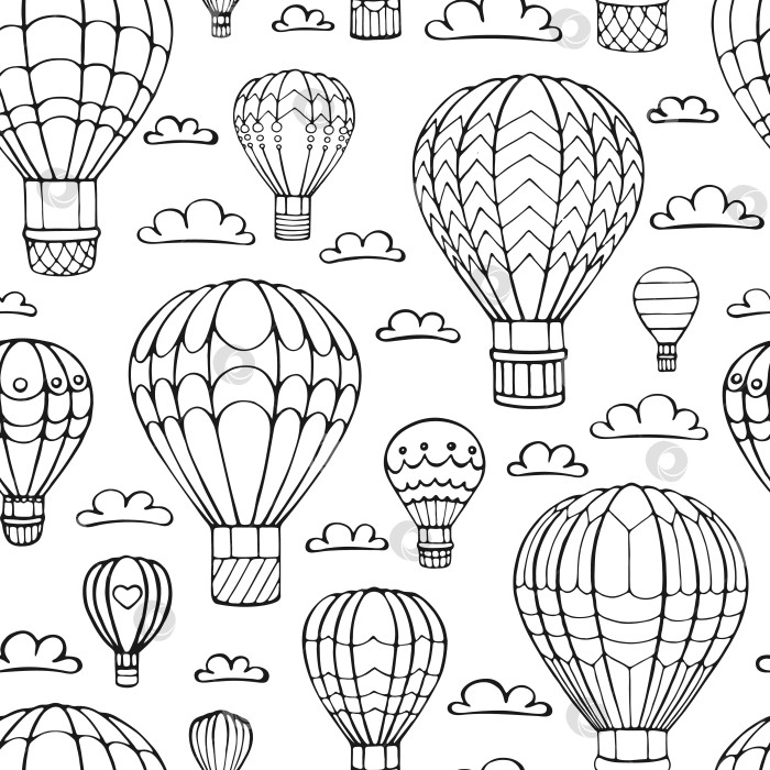 Скачать Бесшовный узор из воздушного шара и облака. Нарисованный от руки контурный рисунок. Векторная иллюстрация. фотосток Ozero