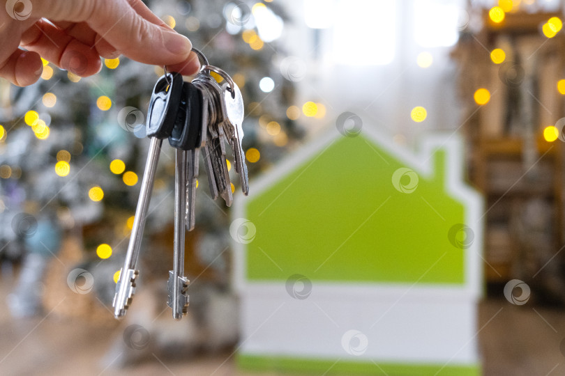 Скачать Ключи в руках на фоне рождественской елки с гирляндами и крошечным домиком, подарок и кошка на Новый год, Рождество. Строительство, дизайн, проектирование, переезд, страхование, ипотека, аренда и покупка недвижимости. фотосток Ozero