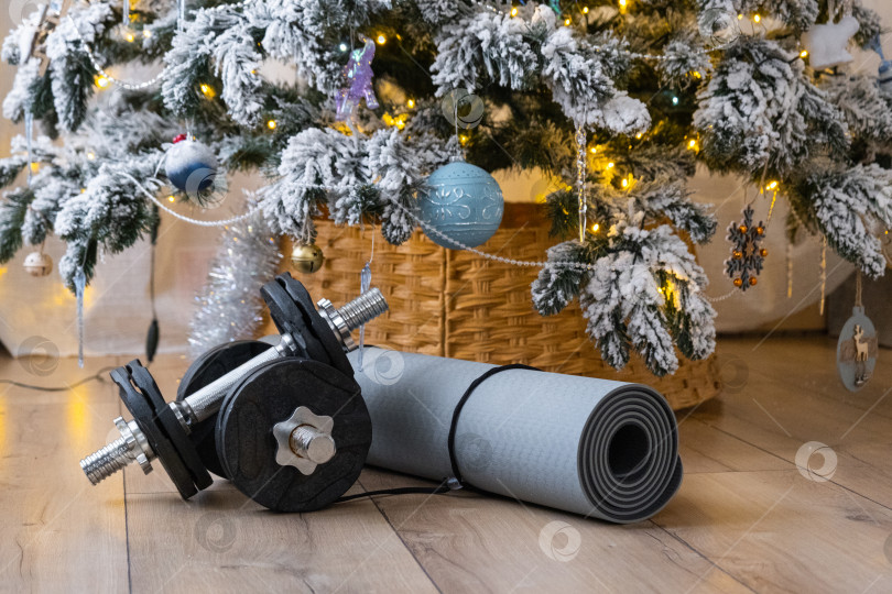 Скачать Спортивный инвентарь - гантели, коврик для фитнеса и ленты для фитнеса - лежат дома под елкой в качестве подарка на Рождество и Новый год фотосток Ozero