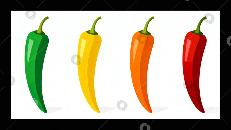 Скачать Четыре перца чили разных цветов: зелёный, жёлтый, оранжевый и красный, графическая иллюстрация фотосток Ozero