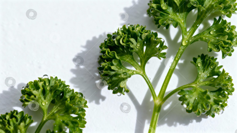 Скачать Свежие зелёные листья Кудрявой петрушки крупным планом на белом фоне фотосток Ozero