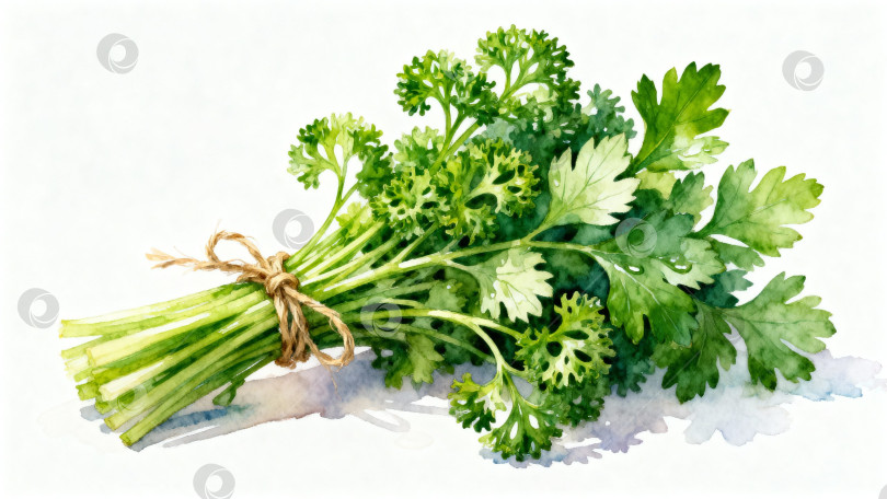 Скачать Акварельная иллюстрация пучка свежей петрушки, перевязанного верёвкой фотосток Ozero