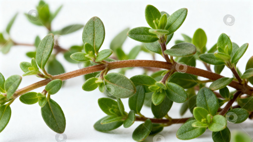 Скачать Фотография свежих зелёных листьев тимьянца (или чабреца), снятая крупным планом на белом фоне. Подходит для использования в кулинарных блогах, рекламе здорового питания, дизайне упаковок для трав и специй. фотосток Ozero