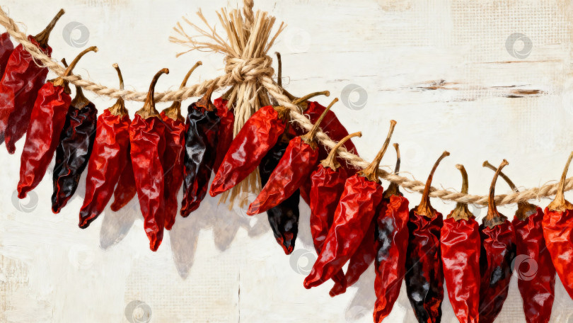 Скачать Сушёные красные перцы чили, связанные верёвкой на светлом деревянном фоне фотосток Ozero