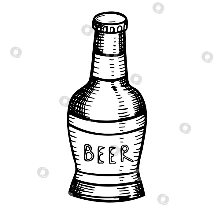 Скачать Черно-белое изображение пивной бутылки, нарисованное от руки на белом фоне. фотосток Ozero