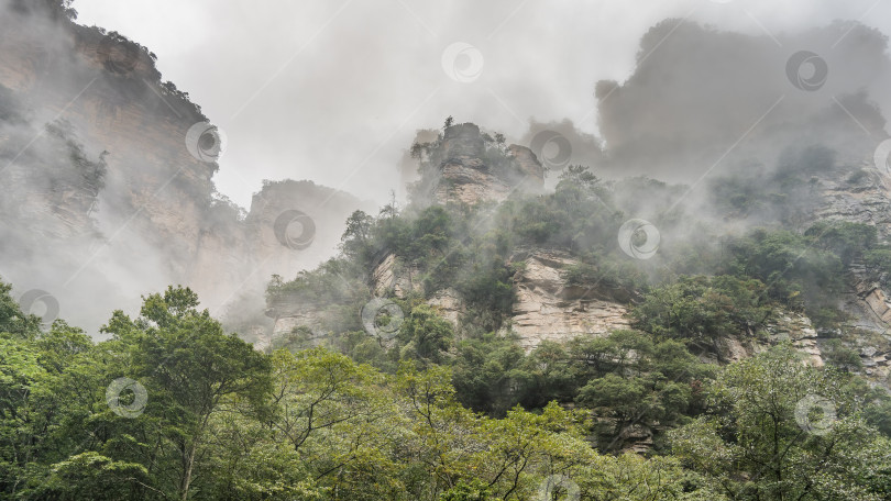 Скачать Туманный горный пейзаж. Отвесные скалы окутаны туманом. фотосток Ozero