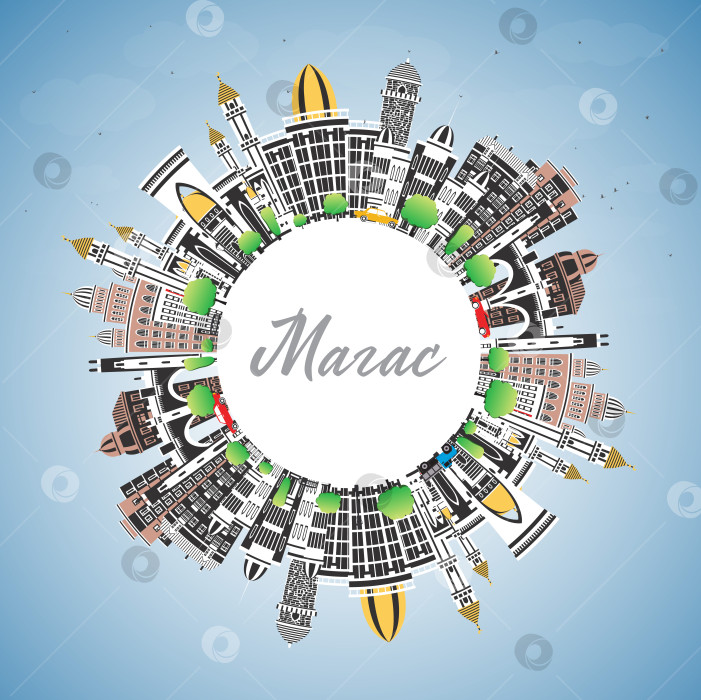 Скачать Магас. Россия. Панорама города с цветными зданиями, голубым небом и местом для текста. Иллюстрация. Панорама Магаса с достопримечательностями. фотосток Ozero