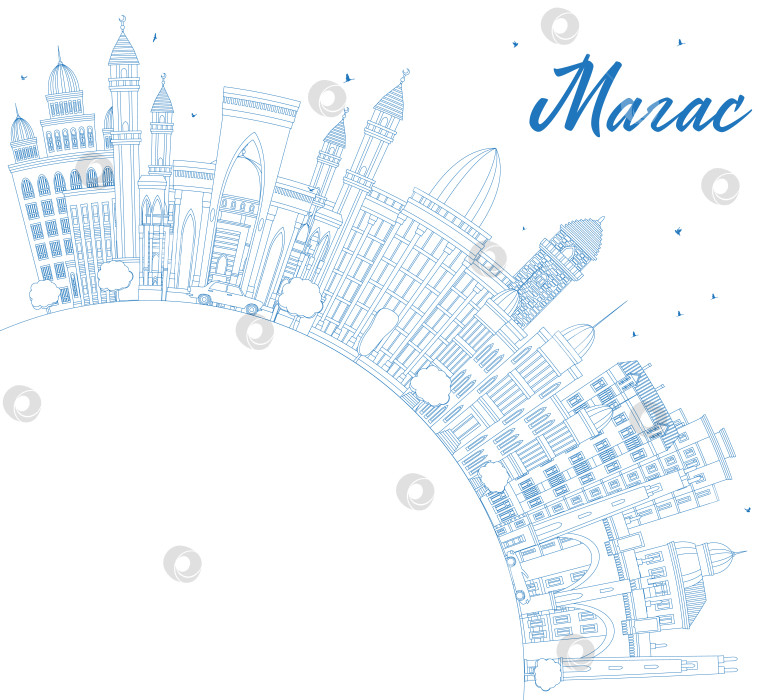 Скачать Магас. Россия. Контурная панорама города с голубыми зданиями и местом для текста. Иллюстрация. Панорама Магаса с достопримечательностями. фотосток Ozero