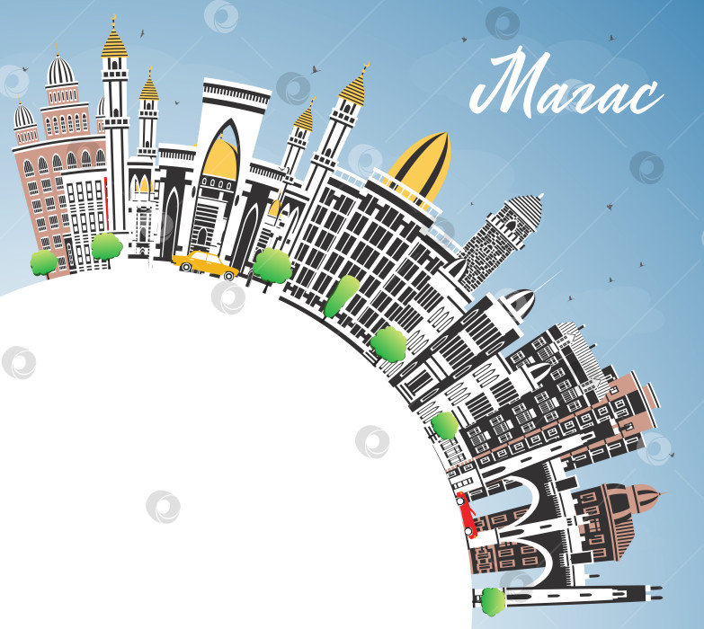 Скачать Магас. Россия. Панорама города с цветными зданиями, голубым небом и местом для текста. Иллюстрация. Панорама Магаса с достопримечательностями. фотосток Ozero