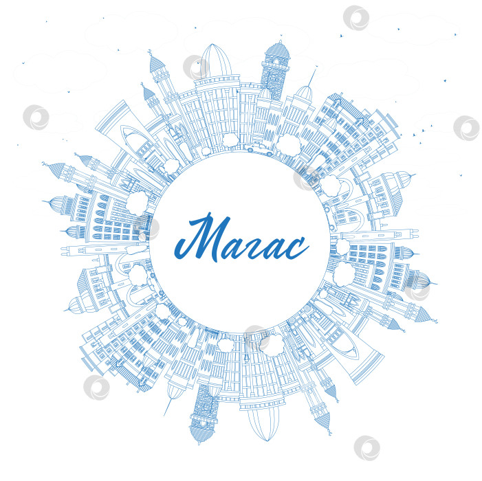 Скачать Магас. Россия. Контурная панорама города с голубыми зданиями и местом для текста. Иллюстрация. Панорама Магаса с достопримечательностями. фотосток Ozero