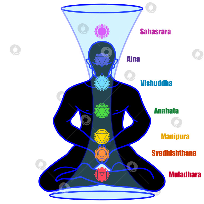 Скачать Чакры с описанием. Медитирующий человек в позе йоги с семью основными чакрами и их значениями.  Кундалини-тантра йога. Центральный энергетический канал. Векторная иллюстрация фотосток Ozero