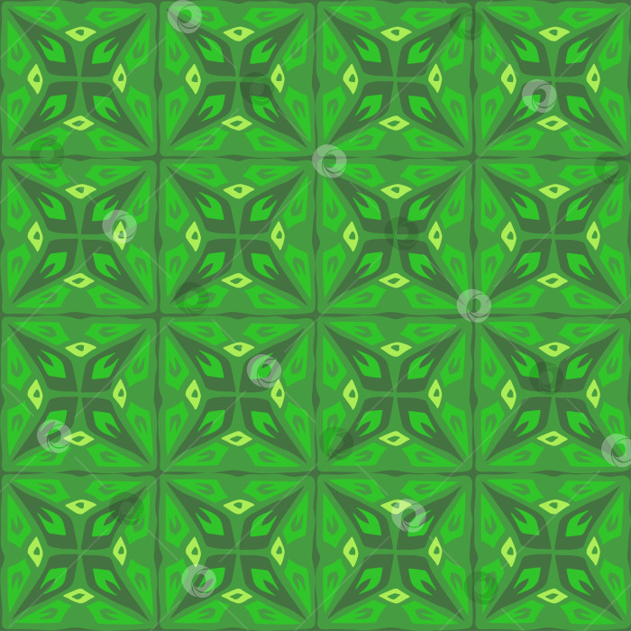 Скачать Мозаичная плитка зеленого цвета с бесшовным рисунком. Геометрическая абстрактная этническая текстура. Абстрактный цветочный фон. Принт для ткани и обоев. Векторная иллюстрация фотосток Ozero