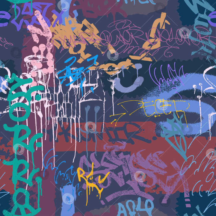 Скачать Абстрактный бесшовный хаотичный узор с надписями-граффити и мазками краски. Грязная текстура в стиле гранж, слоган, нанесенный распылением. Обои для мальчиков. Модный городской стиль, дизайнерский принт. Векторный фон фотосток Ozero