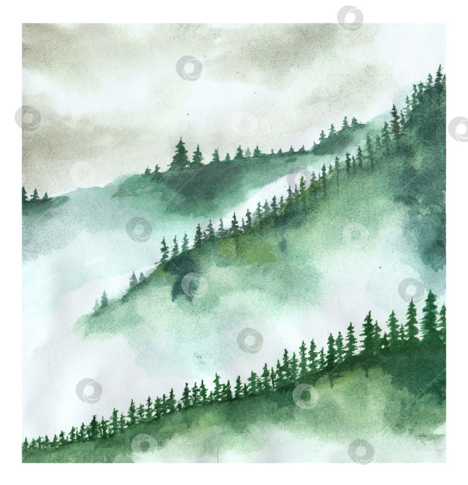 Скачать Зеленые горы с лесными деревьями в тумане. Содержит иероглиф - счастье. фотосток Ozero