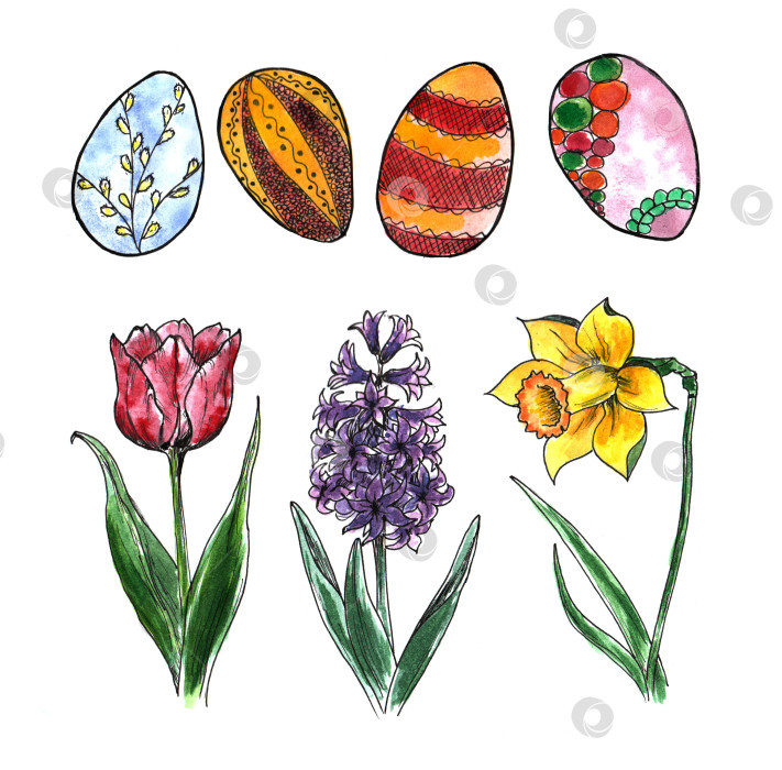 Скачать Весенний набор веселых пасхальных рисунков, нарисованных от руки простыми детскими каракулями. фотосток Ozero