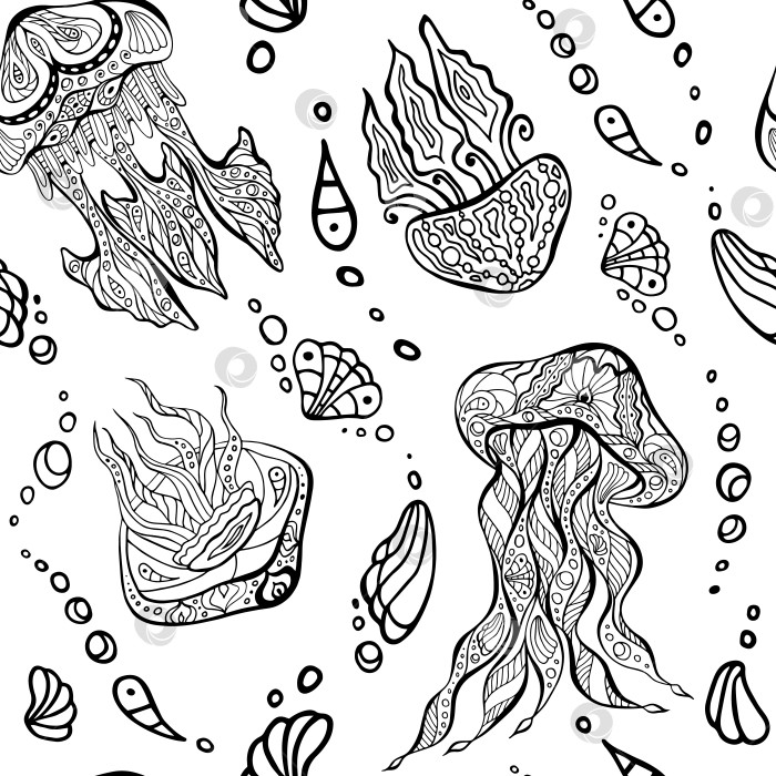 Скачать Нерегулярный бесшовный узор из медуз и ракушек. Бесконечная текстура Ocean zen art для раскраски для релаксации. Хаотичный дизайн поверхности в виде морской крапивы от Zendoodle. Лист для арт-терапии, нарисованный от руки. фотосток Ozero