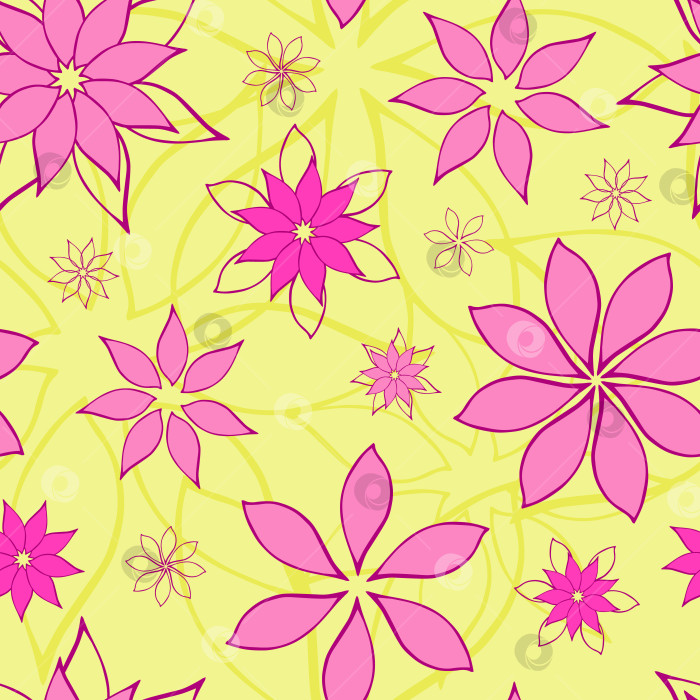 Скачать Абстрактные фантазийные цветы на фоне бесшовного узора. Стилизованные геометрические цветочные мотивы с бесконечной текстурой. Упрощенный редактируемый повторяющийся дизайн поверхности. Плоский безграничный орнамент для упаковки косметики фотосток Ozero