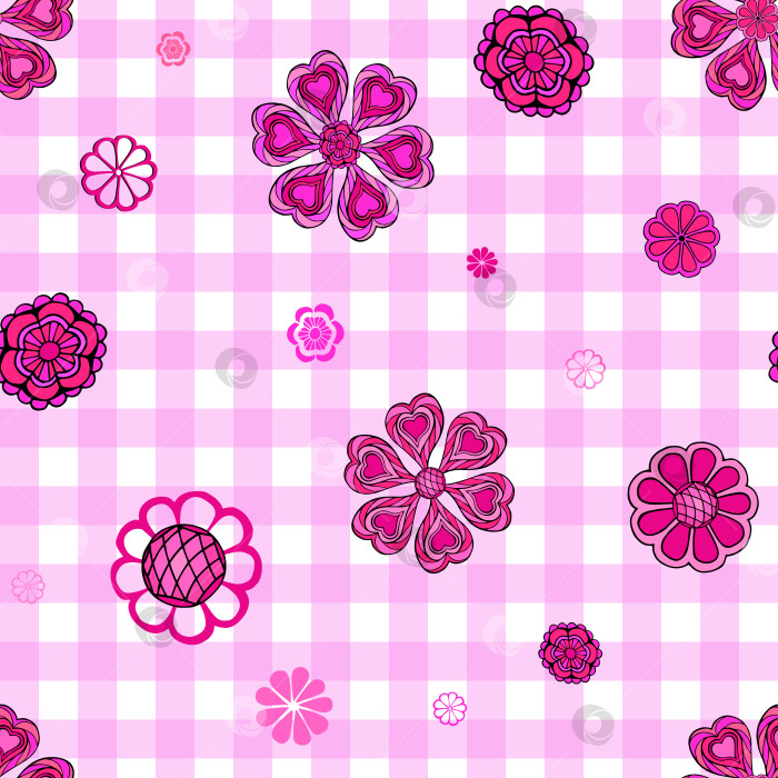 Скачать Абстрактные цветы в виде случайного бесшовного узора на клетчатом фоне. Розовые цветочные мотивы повторяются неравномерно на поверхности. Милая девичья бесконечная текстура. Фон для обложки из текстиля, подарочной бумаги или блокнота. фотосток Ozero