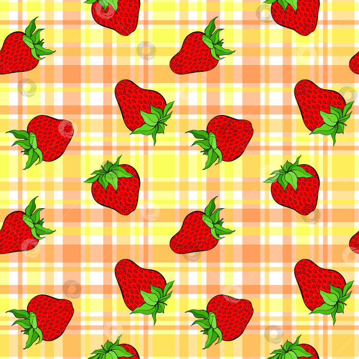 Скачать Бесшовный узор из клубники на пастельном клетчатом фоне. Красные ягоды повторяют бесконечную текстуру. Вкусный безграничный фон. Дизайн поверхности для вегетарианских блюд. Редактируемая плитка для кухонного текстиля. фотосток Ozero
