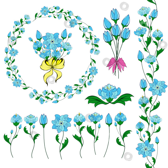 Скачать Стилизованные фантазийные цветы, бесшовная кисточка-бордюр, венок, набор для создания букетов. Коллекция шаблонов с различными цветочными элементами, выделенными на белом фоне. Набор различных ботанических предметов для поздравительной открытки фотосток Ozero