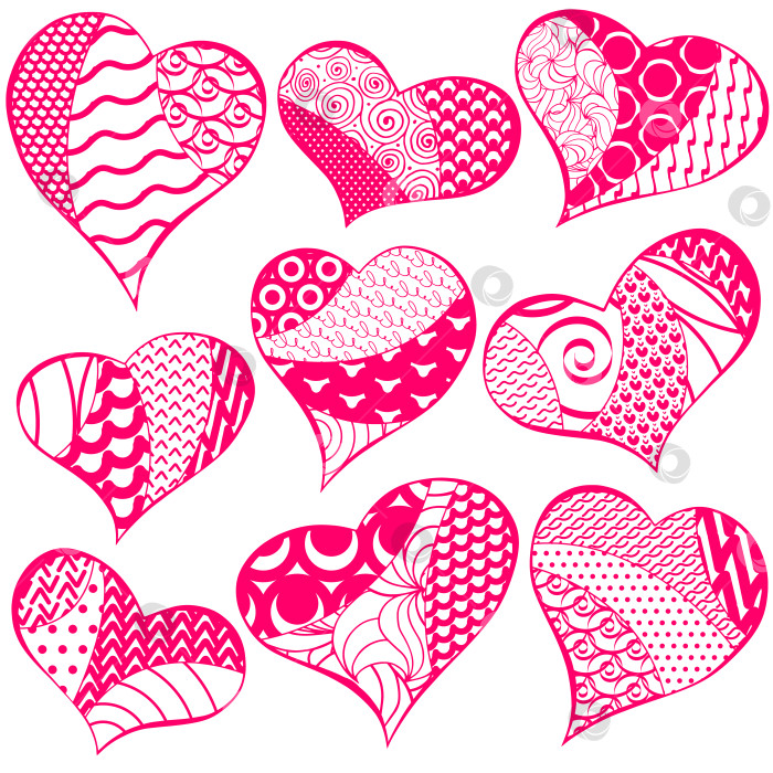 Скачать Коллекция рисунков "Сердечки в стиле Дзен-арт", выделенных на белом фоне. Милый розовый шаблон ко дню Святого Валентина. Современный набор сердечных форм с различными узорами. Набор для создания картинок в стиле пэчворк "сердечки". фотосток Ozero