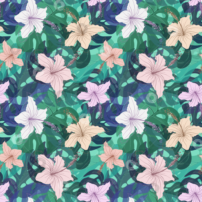 Скачать Цветы гибискуса и листья монстеры образуют нерегулярный бесшовный узор. Повторяющаяся в произвольном порядке цветочная тропическая текстура. Экзотический пастельный фон. Растения летнего рая повторяют дизайн поверхности фотосток Ozero