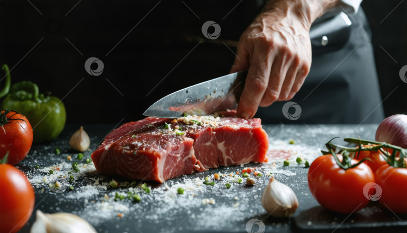Скачать Шеф-повар режет свежее мясо ножом на доске фотосток Ozero