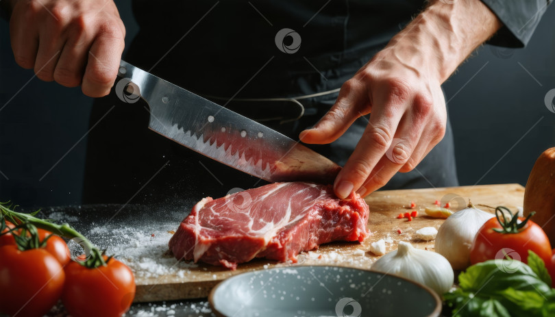 Скачать шеф-повар режет свежее мясо ножом на доске фотосток Ozero