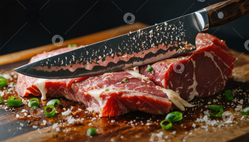 Скачать шеф-повар режет свежее мясо ножом на доске фотосток Ozero