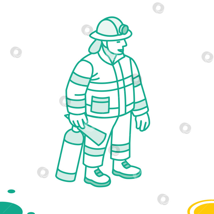 Скачать Пожарный стоит с огнетушителем. Иллюстрация. Объект, выделенный на белом фоне. Дизайн аварийной службы, безопасности, профессии и образования. фотосток Ozero