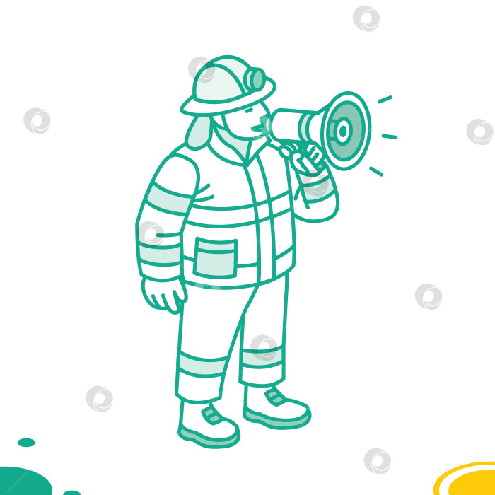 Скачать Пожарный говорит в мегафон. Иллюстрация. Объект, выделенный на белом фоне. Дизайн для служб экстренной помощи, связи, безопасности и оповещения населения. фотосток Ozero