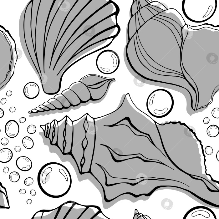 Скачать Современные плоские контуры морских раковин, бесшовные узоры в виде пузырьков для тканей, текстиля, одежды, интерьера, канцелярских принадлежностей, оберточной бумаги, скрапбукинга. Модная морская бесконечная текстура. Экзотические контуры океанских раковин. фотосток Ozero