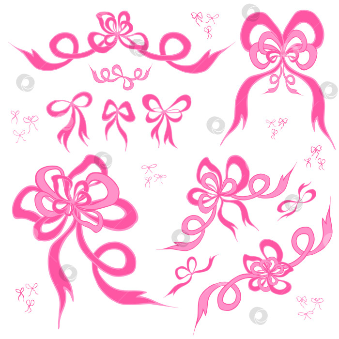 Скачать Набор ярко-розовых бантиков, нарисованных от руки, на белом фоне. Коллекция красивых плоских векторных бантиков для праздничного оформления фотосток Ozero
