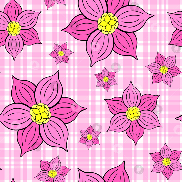 Скачать Абстрактные фантазийные цветы, бесшовный узор на полосатом фоне. Стилизованные цветочные мотивы каракулей, бесконечная текстура. Легко редактируемый повторяющийся дизайн поверхности. Плоский безграничный ботанический орнамент фотосток Ozero