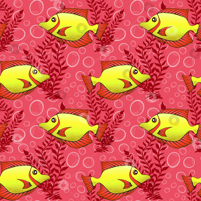 Скачать Тропические коралловые рыбы и водоросли с бесшовным рисунком. Экзотические обитатели океана с рисунком на поверхности. Морские животные с бесконечной текстурой. Подводная фауна с безграничным фоном. Морская жизнь с возможностью редактирования. фотосток Ozero