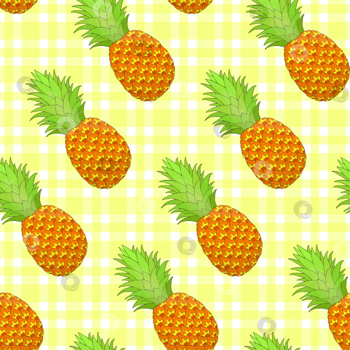 Скачать Бесшовный узор в виде ананаса на клетчатом фоне. Тропические фрукты, повторяющие бесконечную текстуру. Аппетитный безграничный фон. Дизайн поверхности для приготовления пищи. Редактируемая плитка для текстиля, одежды, оберточной бумаги фотосток Ozero