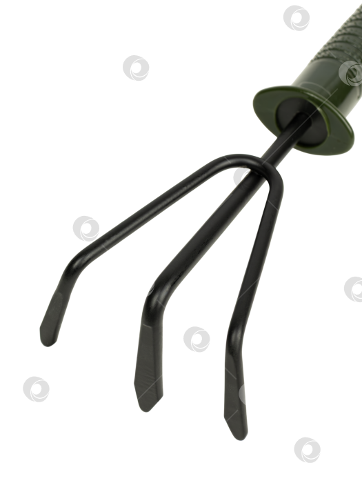 Скачать Мини-черные ручные грабли с зеленой эргономичной ручкой для садоводства и рыхления почвы, вид крупным планом фотосток Ozero