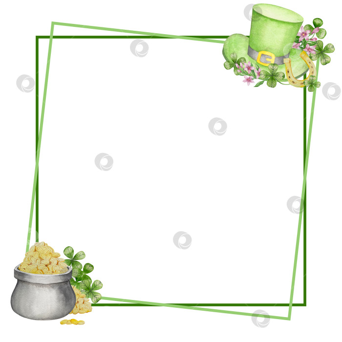 Скачать Набор акварельных иллюстраций ко Дню Святого Патрика. Нарисованный от руки изолированный клипарт с изображением шляпы лепрекона, клевера, золотых монет, ирландского флага, зеленого пива и горшка с золотом. Талисманы на удачу, богатство и успех. Коллекция предметов для праздника. фотосток Ozero