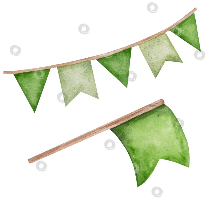 Скачать Набор акварельных иллюстраций ко Дню Святого Патрика. Нарисованный от руки изолированный клипарт с изображением шляпы лепрекона, клевера, золотых монет, ирландского флага, зеленого пива и горшка с золотом. Талисманы на удачу, богатство и успех. Коллекция предметов для праздника. фотосток Ozero