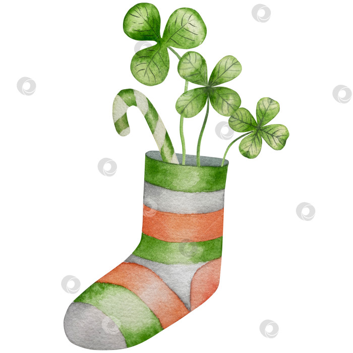 Скачать Набор акварельных иллюстраций ко Дню Святого Патрика. Нарисованный от руки изолированный клипарт с изображением шляпы лепрекона, клевера, золотых монет, ирландского флага, зеленого пива и горшка с золотом. Талисманы на удачу, богатство и успех. Коллекция предметов для праздника. фотосток Ozero