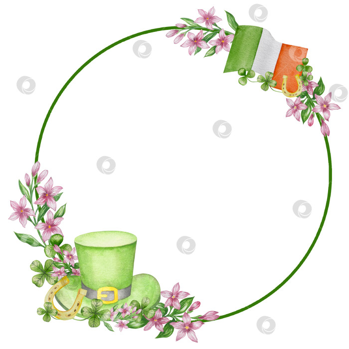 Скачать Набор акварельных иллюстраций ко Дню Святого Патрика. Нарисованный от руки изолированный клипарт с изображением шляпы лепрекона, клевера, золотых монет, ирландского флага, зеленого пива и горшка с золотом. Талисманы на удачу, богатство и успех. Коллекция предметов для праздника. фотосток Ozero