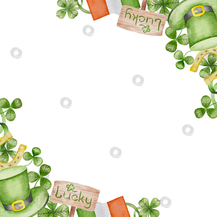 Скачать Набор акварельных иллюстраций ко Дню Святого Патрика. Нарисованный от руки изолированный клипарт с изображением шляпы лепрекона, клевера, золотых монет, ирландского флага, зеленого пива и горшка с золотом. Талисманы на удачу, богатство и успех. Коллекция предметов для праздника. фотосток Ozero
