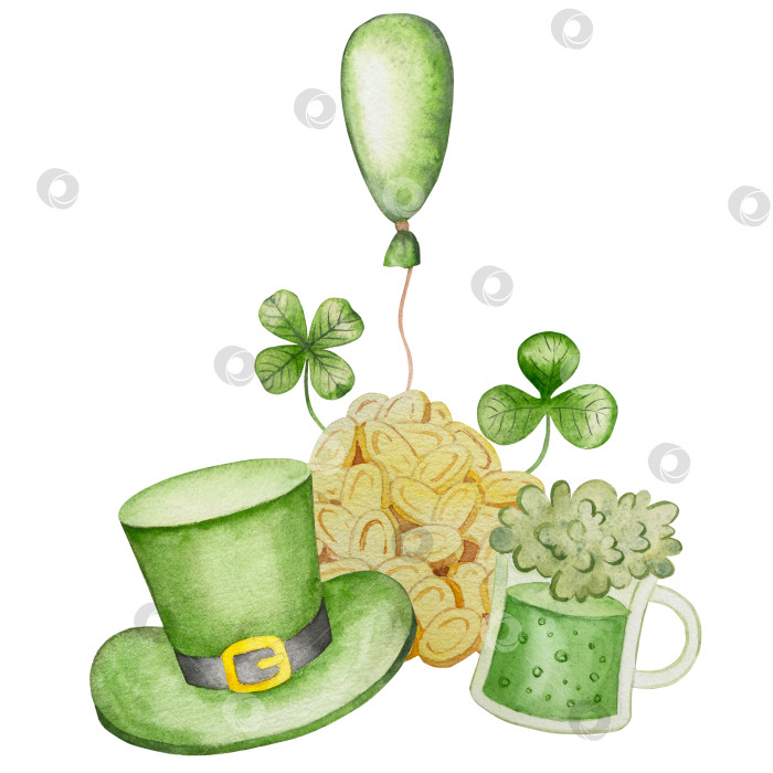 Скачать Набор акварельных иллюстраций ко Дню Святого Патрика. Нарисованный от руки изолированный клипарт с изображением шляпы лепрекона, клевера, золотых монет, ирландского флага, зеленого пива и горшка с золотом. Талисманы на удачу, богатство и успех. Коллекция предметов для праздника. фотосток Ozero