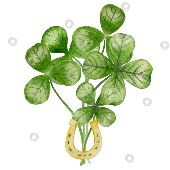 Скачать Набор акварельных иллюстраций ко Дню Святого Патрика. Нарисованный от руки изолированный клипарт с изображением шляпы лепрекона, клевера, золотых монет, ирландского флага, зеленого пива и горшка с золотом. Талисманы на удачу, богатство и успех. Коллекция предметов для праздника. фотосток Ozero