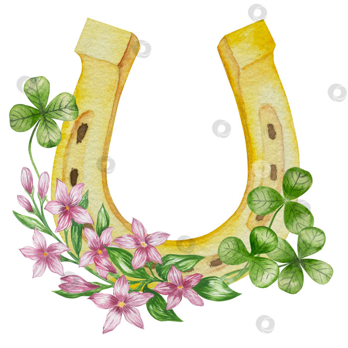 Скачать Набор акварельных иллюстраций ко Дню Святого Патрика. Нарисованный от руки изолированный клипарт с изображением шляпы лепрекона, клевера, золотых монет, ирландского флага, зеленого пива и горшка с золотом. Талисманы на удачу, богатство и успех. Коллекция предметов для праздника. фотосток Ozero