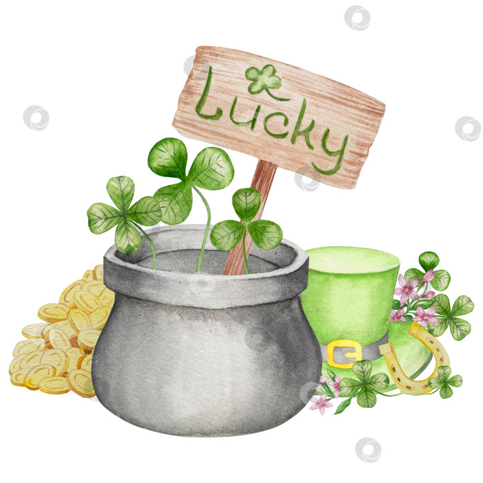 Скачать Набор акварельных иллюстраций ко Дню Святого Патрика. Нарисованный от руки изолированный клипарт с изображением шляпы лепрекона, клевера, золотых монет, ирландского флага, зеленого пива и горшка с золотом. Талисманы на удачу, богатство и успех. Коллекция предметов для праздника. фотосток Ozero