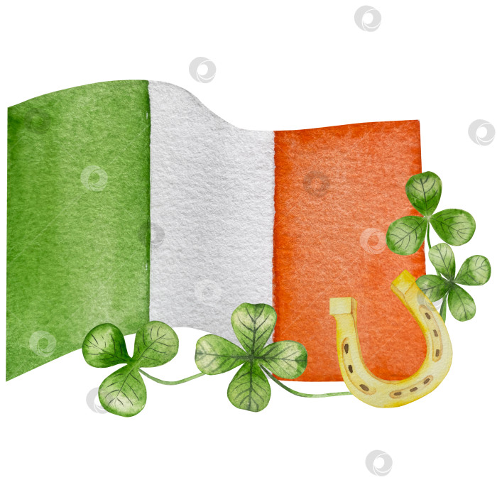 Скачать Набор акварельных иллюстраций ко Дню Святого Патрика. Нарисованный от руки изолированный клипарт с изображением шляпы лепрекона, клевера, золотых монет, ирландского флага, зеленого пива и горшка с золотом. Талисманы на удачу, богатство и успех. Коллекция предметов для праздника. фотосток Ozero