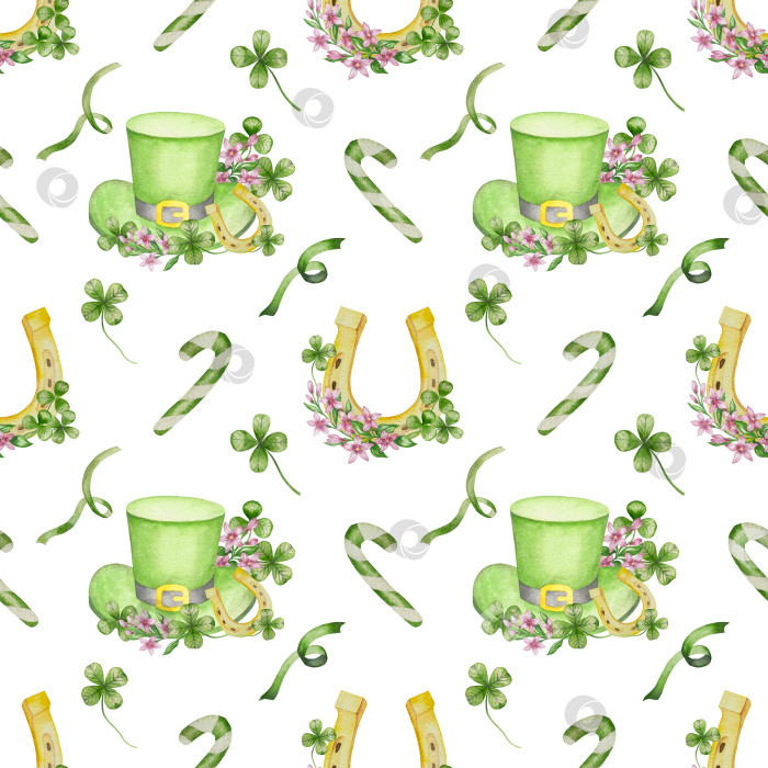 Скачать Набор акварельных иллюстраций ко Дню Святого Патрика. Нарисованный от руки изолированный клипарт с изображением шляпы лепрекона, клевера, золотых монет, ирландского флага, зеленого пива и горшка с золотом. Талисманы на удачу, богатство и успех. Коллекция предметов для праздника. фотосток Ozero