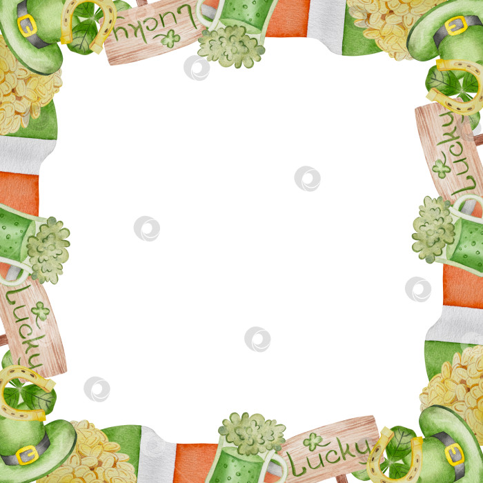 Скачать Набор акварельных иллюстраций ко Дню Святого Патрика. Нарисованный от руки изолированный клипарт с изображением шляпы лепрекона, клевера, золотых монет, ирландского флага, зеленого пива и горшка с золотом. Талисманы на удачу, богатство и успех. Коллекция предметов для праздника. фотосток Ozero